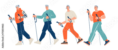 Elderly people engaged in Nordic walking. Sport and lifestyle activity for seniors. Benefits and basics of Nordic walking for a healthy and active lifestyle, vector illustration on a white background.