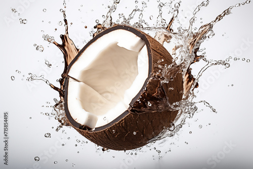 Cracked coconut with big splash, Coconuts with water splash isolated on white background