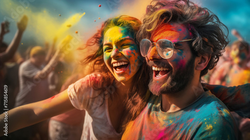 Couple covered with colorful Holi powder hugging joyfully at Holi festival