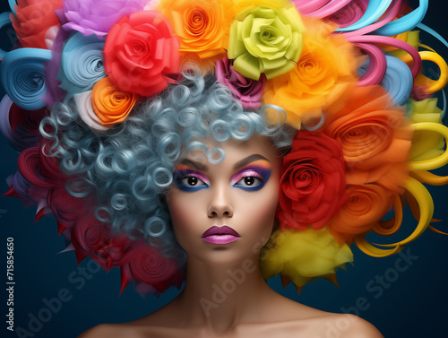Model with distinctive, whimsical elements, such as vibrant colored hair or avant-garde makeup. AI Generative.