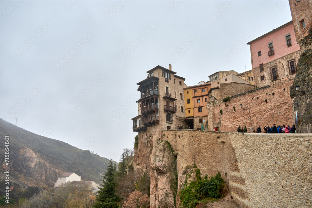 Hanging house on the cliff with wooden balconies in Cuenca, Spain