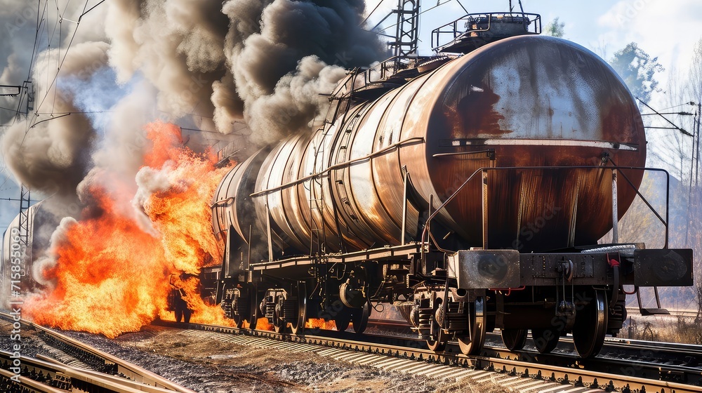 Burning train. Leakage of petroleum products. Fire and pollution of the ecosystem. Apocalyptic scene, train ablaze, toxic oil spreads. Burning train. Leakage of petroleum products. Fire and pollution of the ecosystem. Apocalyptic scene, train ablaze, toxic oil spreads.