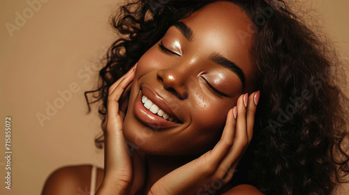 Woman with a joyful expression, emphasizing beauty, skincare, and happiness