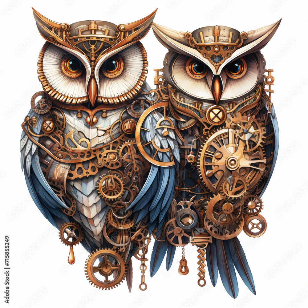 A wise owl decorated in intricate steampunk clothing, perched on a gear, isolated on a white background