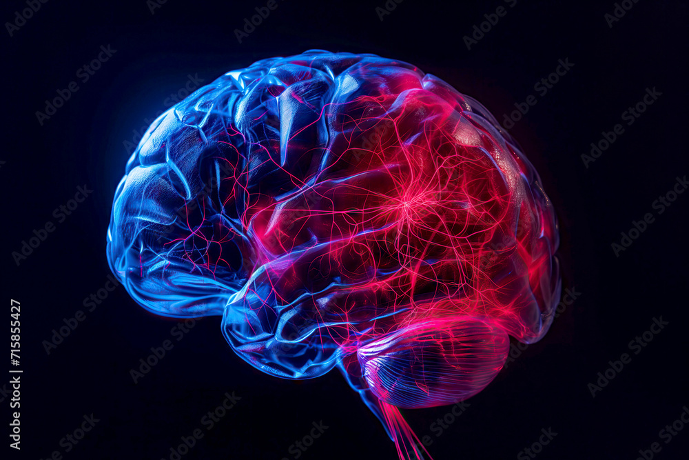Human Brain Concept with Blue and Red Neural Activity and Glowing Connections on black background Human Brain Concept with Blue and Red Neural Activity and Glowing Connections on black background