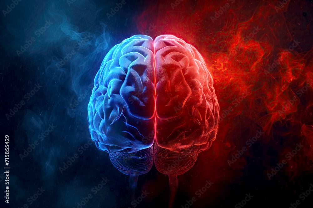 Conceptual Image of a Human Brain with Blue and Red light Representing Logic and Creativity Conceptual Image of a Human Brain with Blue and Red light Representing Logic and Creativity