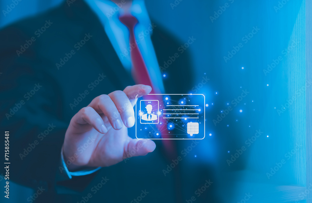 human hand holding digital identification card, technology and
