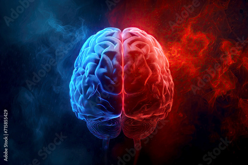 Conceptual Image of a Human Brain with Blue and Red light Representing Logic and Creativity photo
