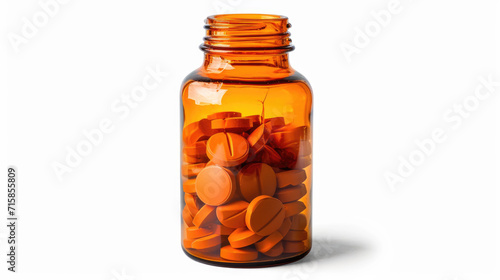 Clear plastic bottle with an orange lid filled with orange tablets, with additional tablets scattered in front of the bottle against a plain white background.