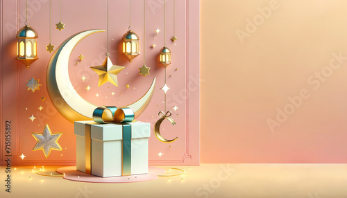 3D Ramadan Kareem celebration background illustration with a crescent moon, hanging lanterns, stars, clouds, and a beautifully wrapped gift. photo