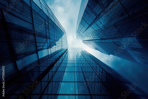 Reflective skyscrapers, business office buildings. A striking view from the street level looking up at the intersection of modernity and history where contemporary glass skyscrapers Ai generated