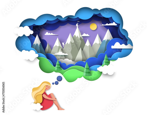 Young woman dreaming about mountain travel paper cut design