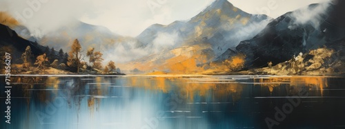 Art acrylic oil painting mountains landscape with gold details, tree and reflection of water from a lake