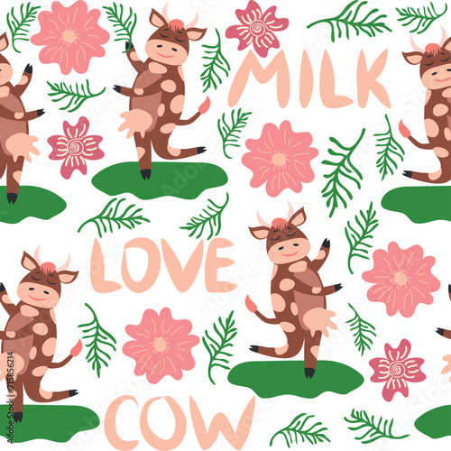 Dancing cow in the meadow cute seamless pattern  splashes of milk and the inscription Milk  Cow  Love. Flat