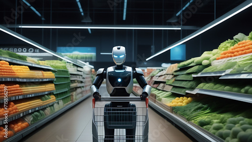 Humanoid cute robot working in supermarket, nanotechnoogy, progress in 21st century