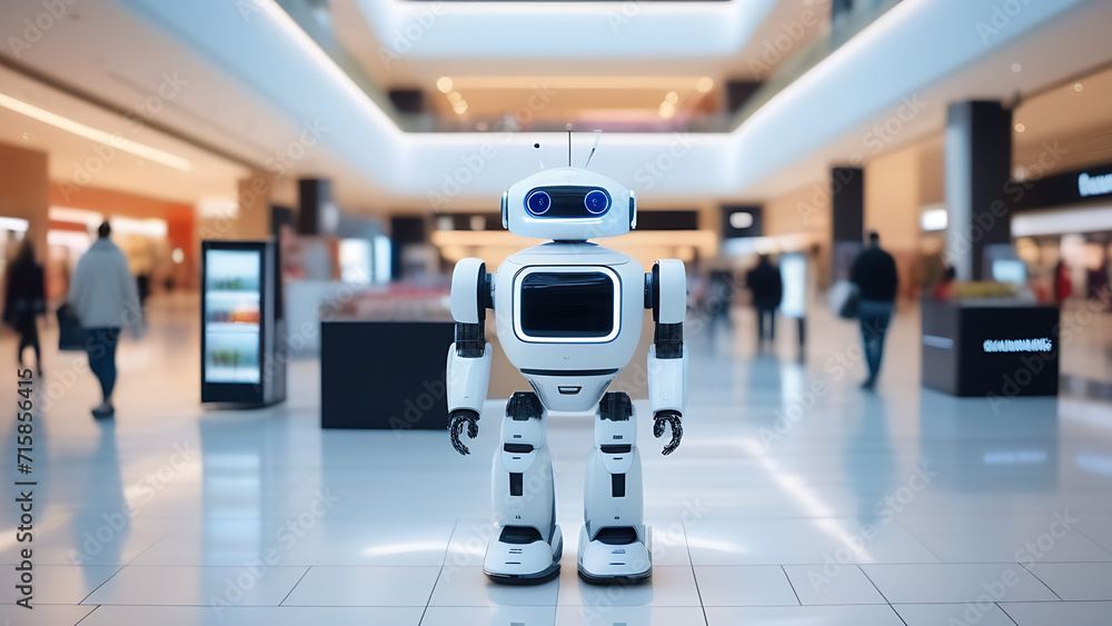 Obraz premium Humanoid cute robot in shopping mall, nanotechnoogy, progress in 21st century