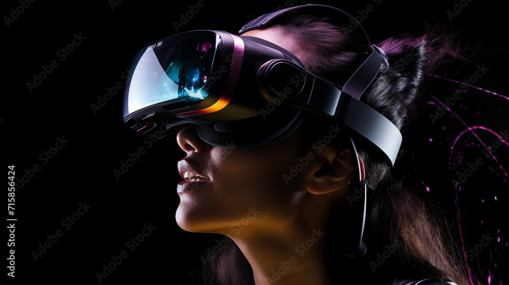 Woman Immersed in Virtual Reality with VR Headset in Dark Futuristic Setting Woman Immersed in Virtual Reality with VR Headset in Dark Futuristic Setting