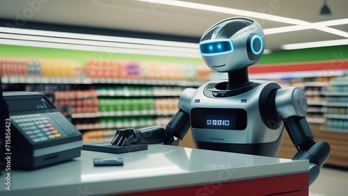 Humanoid cute robot working in supermarket, nanotechnoogy, progress in 21st century
