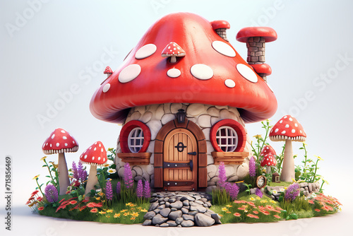 Fairy mushroom house 3D illustration ,Cartoon Fairy Mushroom House Clipart ,illustration of red mushroom house on a white background