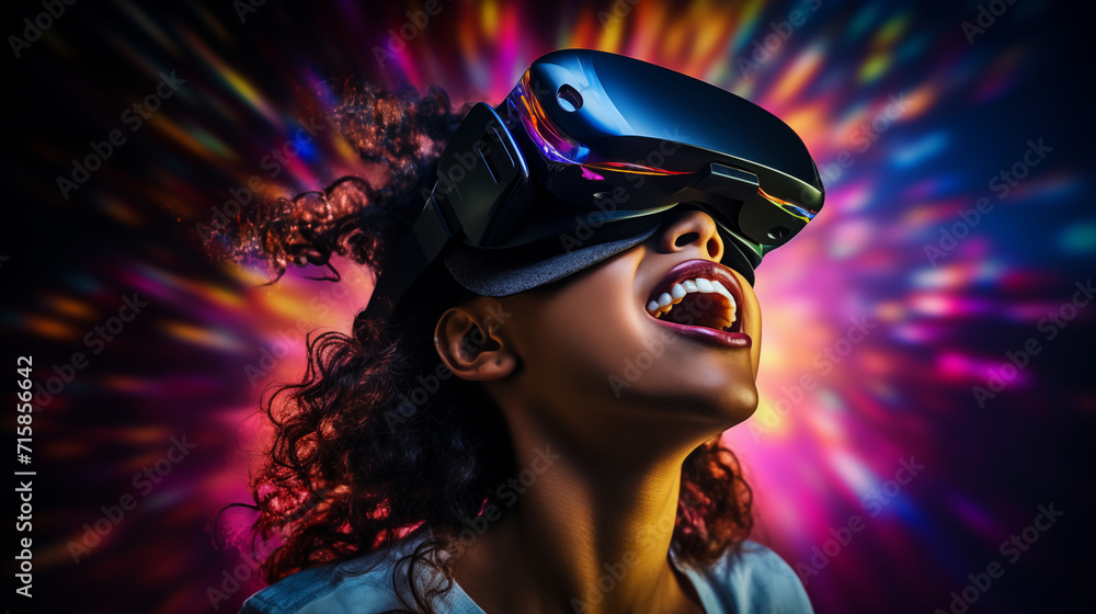 Joyful Woman Experiencing Virtual Reality with VR Headset in Vibrant Colorful Background Joyful Woman Experiencing Virtual Reality with VR Headset in Vibrant Colorful Background