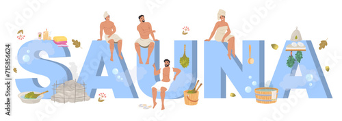Lettering typographic poster with people enjoying healthy leisure in sauna