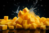 mango cubes in the air. falling, flying pieces of fruit and a splash of juice. levitation. a frozen frame.