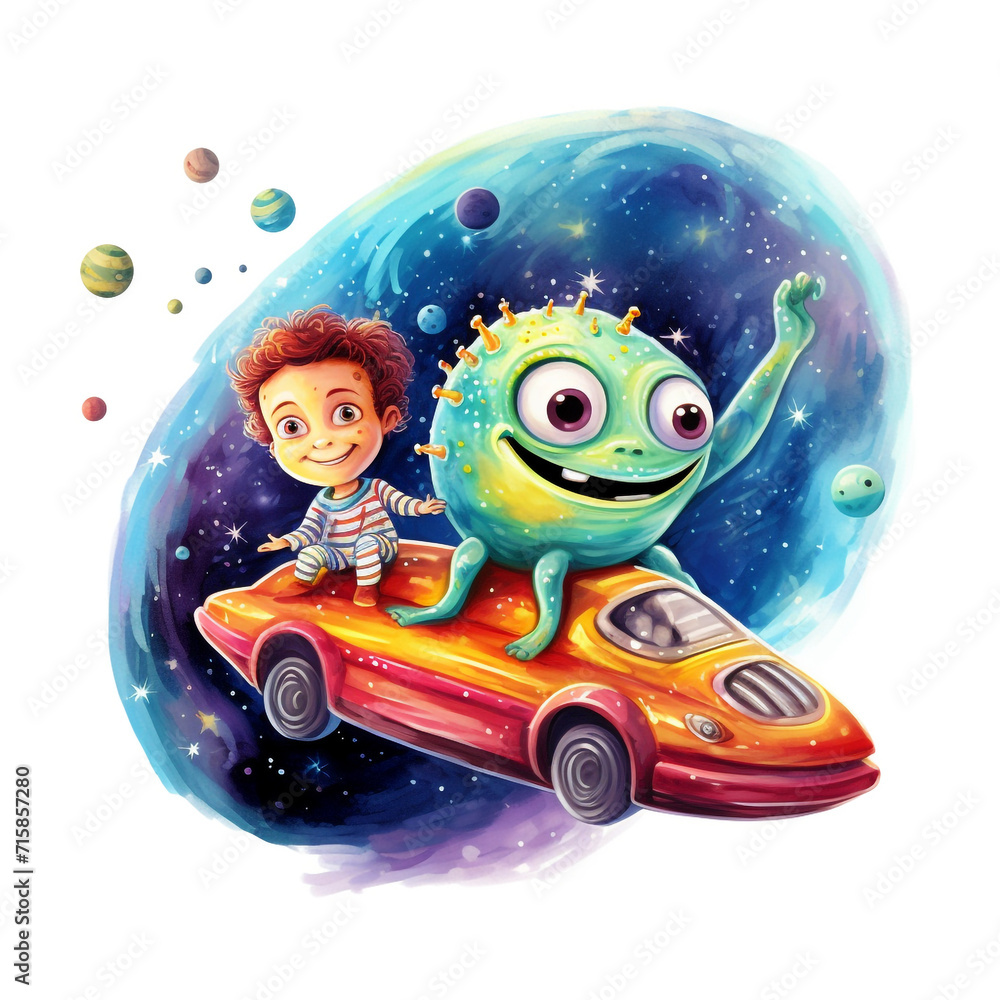 travel through a colorful galaxy with a friendly alien companion, isolated on a white background