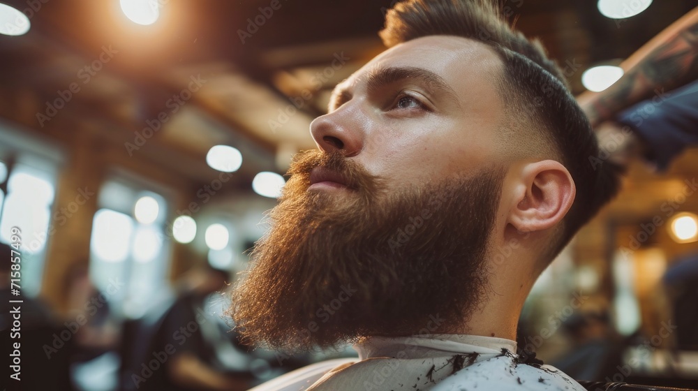 man with beard in a barbershop cutting his hair with the barber in a salon in high quality - obrazy, fototapety, plakaty 