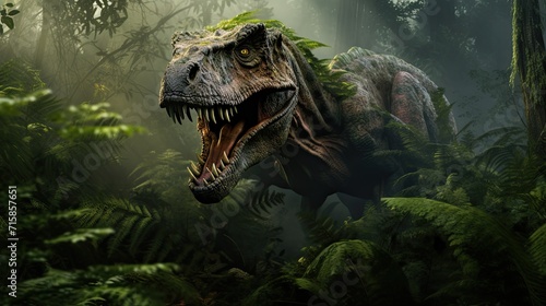A fearsome dinosaur emerging from dense prehistoric foliage © MAY
