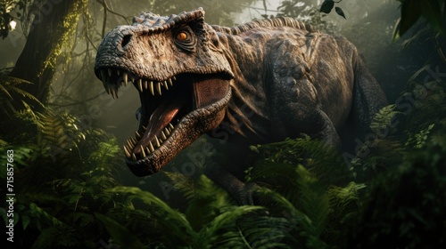 A fearsome dinosaur emerging from dense prehistoric foliage © MAY