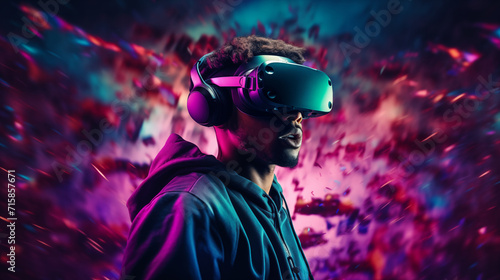 Man Immersed in Virtual Reality Experience with VR Headset, Surrounded by Futuristic Neon Lights and Digital Effects © Sol Revolver Group