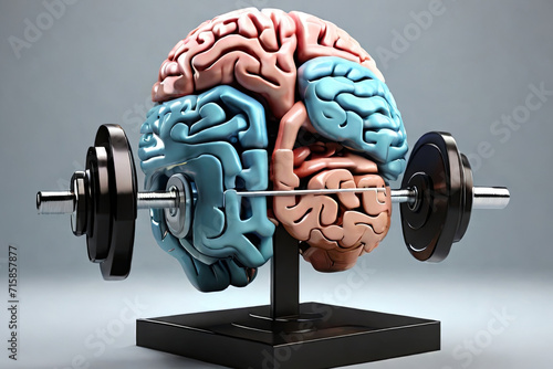 Brainpower Amplified. 3D render of a brain lifting weights, symbolizing mental strength and cognitive fitness. Boost your intellectual prowess.