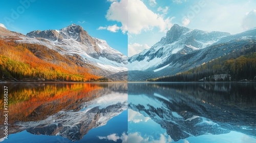 Split in half picture of a mountain and a lake generative ai photo