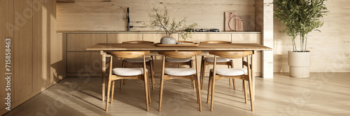 Modern wooden kitchen table set in a sunlit minimalist interior