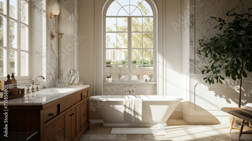 The bathroom has a large vanity with a marble countertop  a freestanding tub  and a large window for natural light