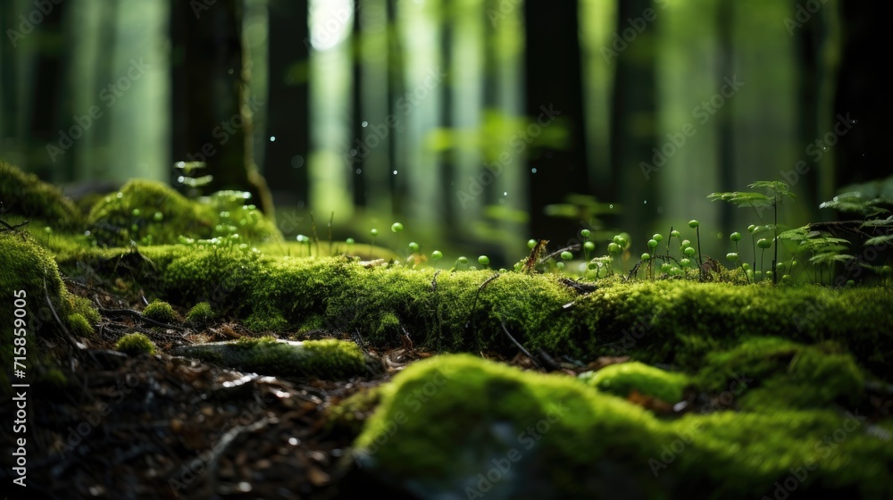 Beautiful close-up photo of mossy forest floor. Abundant nature