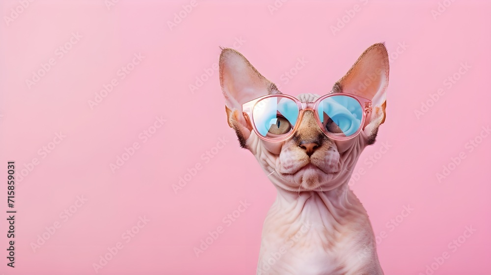 Creative animal concept. Devon Rex cat kitten kitty in sunglass shade glasses isolated on solid pastel background, commercial, editorial advertisement, surreal surrealism - obrazy, fototapety, plakaty 
