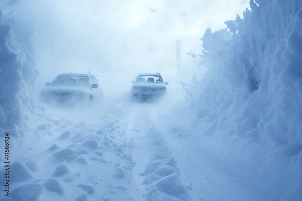 cars stuck in a snow covered road in the city after a blizzard cars stuck in a snow covered road in the city after a blizzard