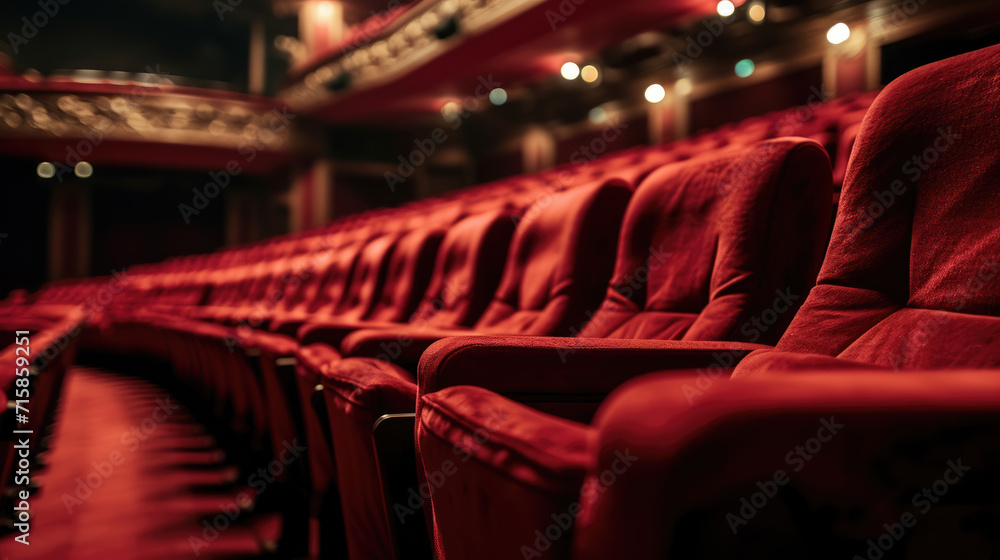 Empty cinema theater with rows of plush red seats, a central aisle leading to a screen