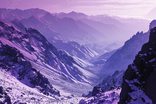 A mountain range with neon purple veins coursing through the rocks and snow,