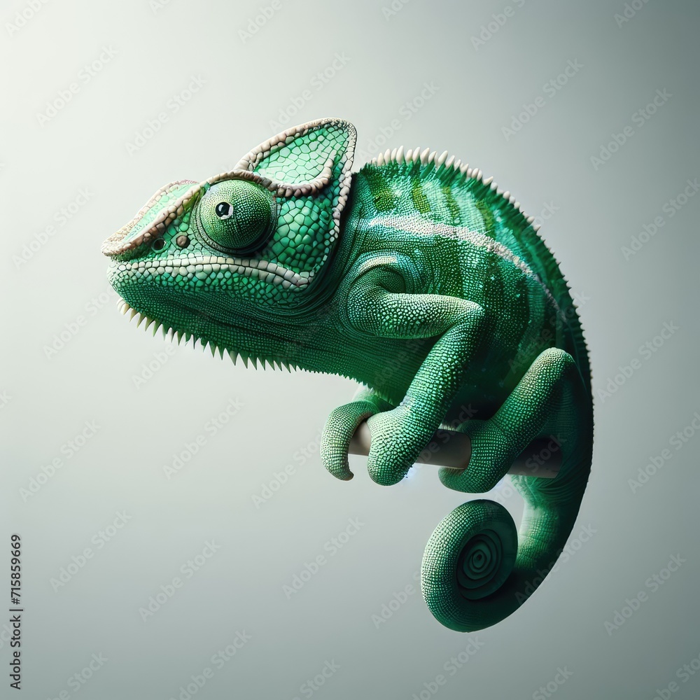 green chameleon on  white - obrazy, fototapety, plakaty 