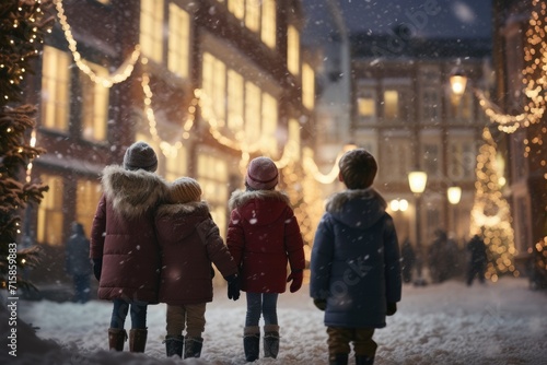 group of children in a winter evening. Snow gently falls as they walk through a festive street adorned lights and holiday decorations, blurred background