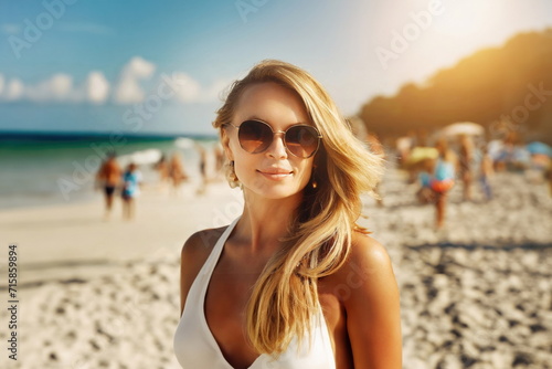 blonde woman with sunglasses on beach, enjoying sunny day