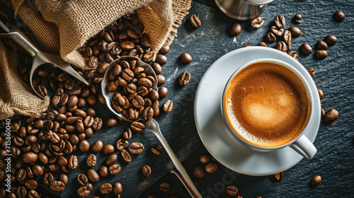 Close-up view of a freshly brewed cup of espresso with a creamy crema on top, accompanied by coffee beans spilling out from a burlap sack