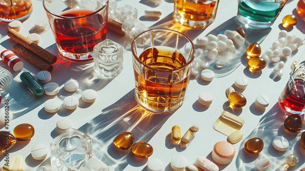 Addiction and Dependency Concept with Pharmaceuticals, Alcohol, and ...