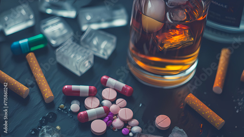 Addiction and Dependency Concept with Pharmaceuticals, Alcohol, and Smoking photo