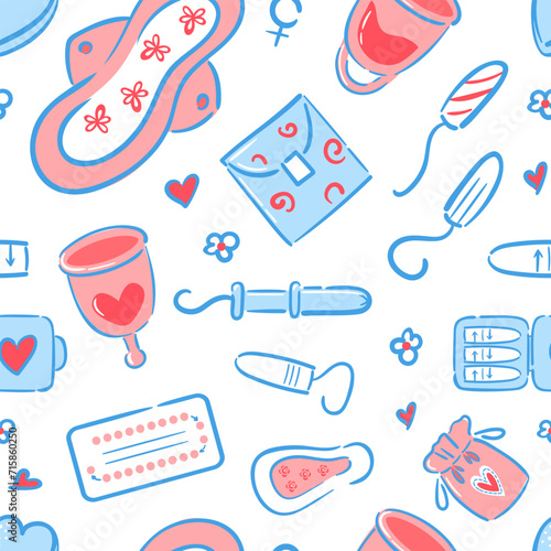 Seamless pattern of feminine hygiene items in hand-drawn style. Menstrual cups. Reusable and disposable pads. Tampons, pregnancy test, birth control pills. Women Health.