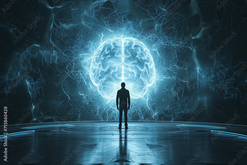 Man stands in front of a huge brain, connect to artificial intelligience, explosion of ideas, brainstorming for solutions, discovery, innovation and creativity - obrazy, fototapety, plakaty 