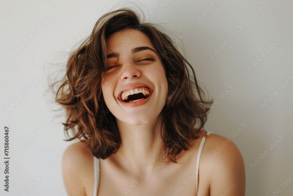 Young woman in white tee, joyfully confident portrait of young happy woman looks in camera, Ai generated. Young woman in white tee, joyfully confident portrait of young happy woman looks in camera, Ai generated.