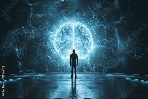 Fotografie, Obraz Man stands in front of a huge brain, connect to artificial intelligience, explos